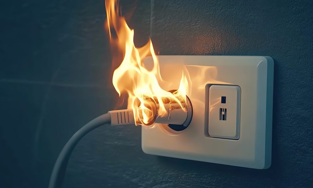 Burnt electric plug socket with smoke and fire flames