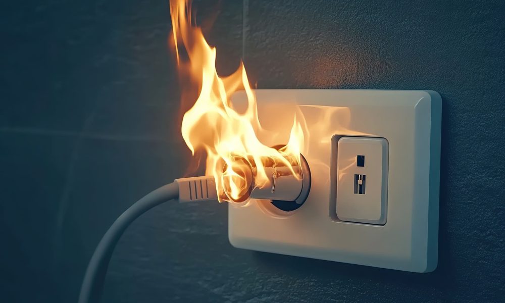 Burnt electric plug socket with smoke and fire flames