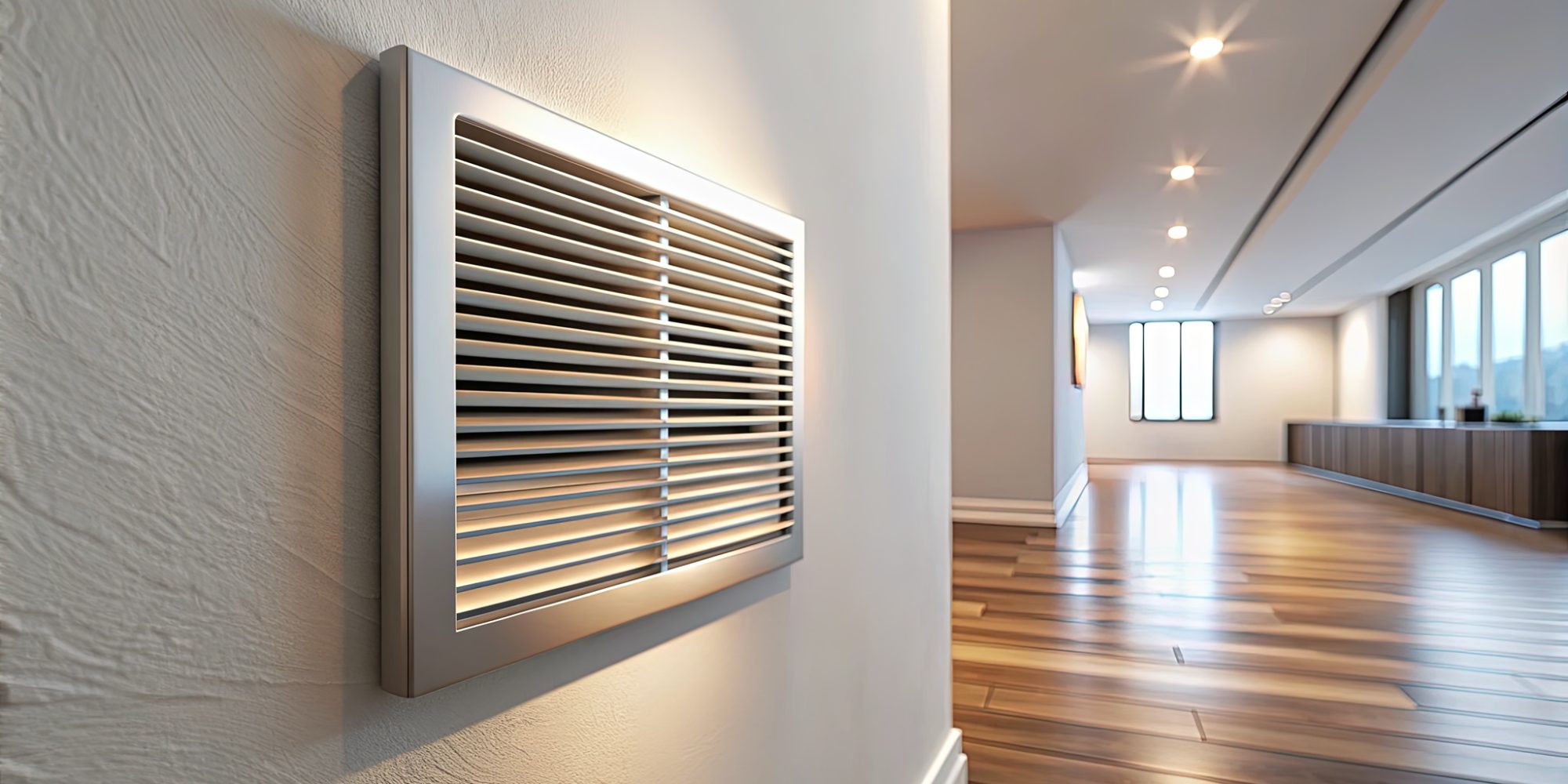 Air vent grille on a white wall in a modern home, with soft focus and warm lighting, showcasing a clean and minimalist interior design.